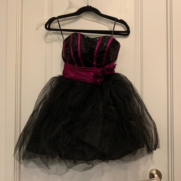 Black strapless mini tulle dress with purple and sequin details - Picture 1 of 5